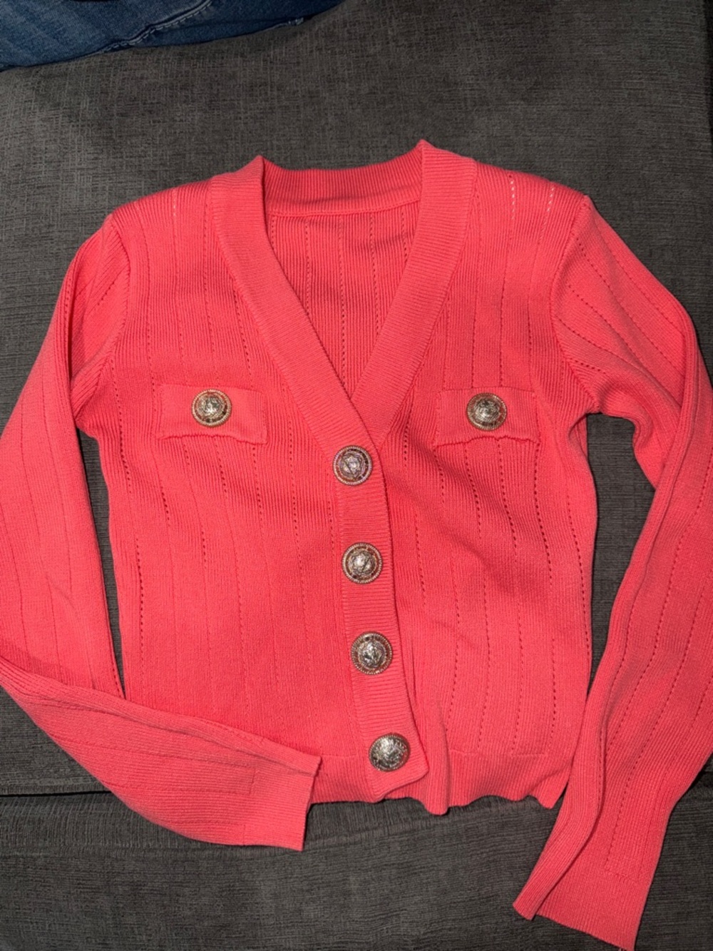 Balmain Coral Ribbed V-Neck Button Cardigan